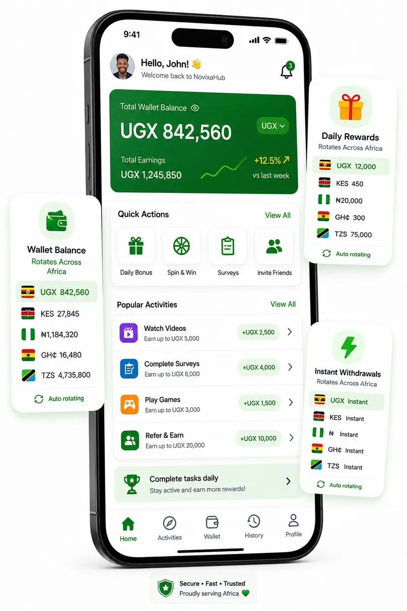 AinoEarn app dashboard showing wallet balance, quick actions and popular activities